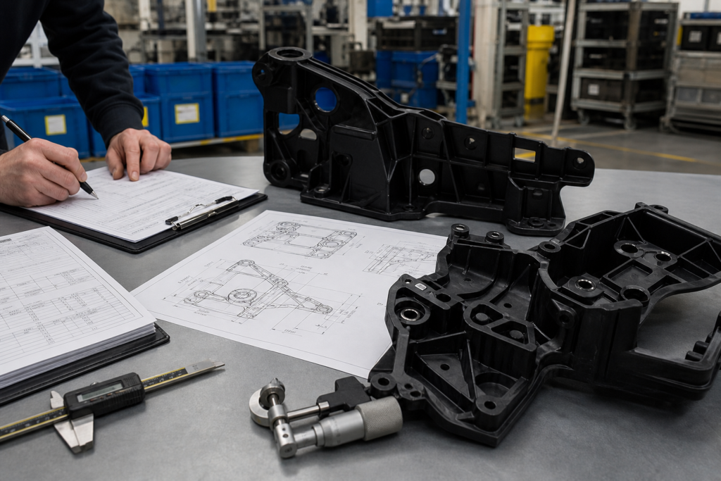 Bewertung eines Herstellers von Kunststoffkomponenten für die Automobilindustrie mit Zeichnungen der Formteile und Dokumentation im PPAP-Format
