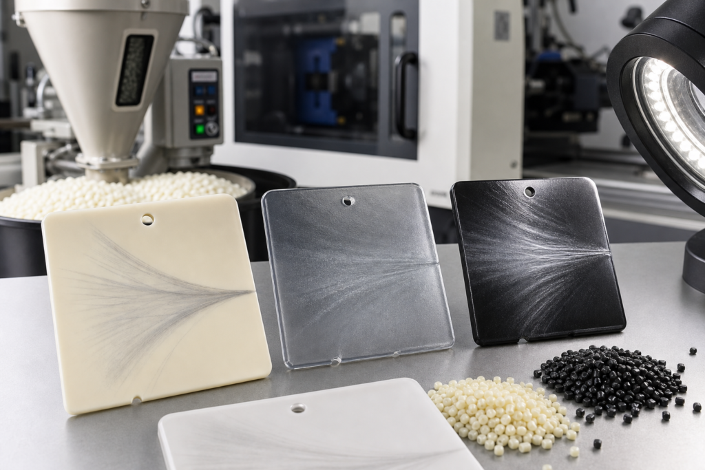Injection molded plastic plaques with silver splay marks beside resin pellets, dryer hopper and inspection light