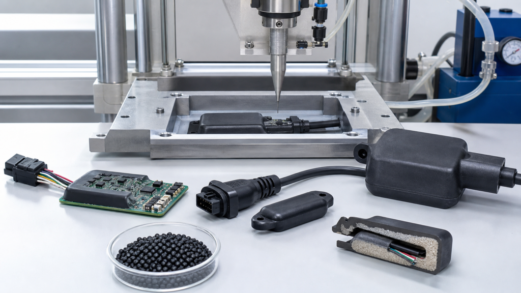 Low pressure molding process for electronics cable assemblies circuit boards connectors and polyamide resin pellets