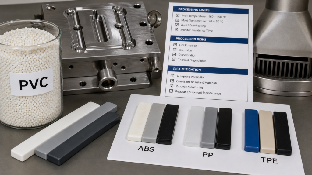 PVC injection molding resin pellets mold insert processing risk checklist and alternative ABS PP TPE material samples