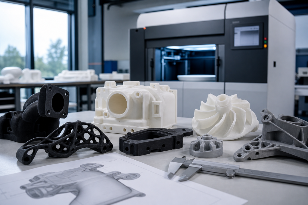 3D-Druck von Nylon-Ersatzteilen mit einem Pulverbettdrucker und funktionsfähige Prototypen auf einer Werkbank