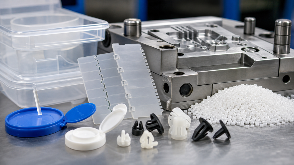 Polypropylene injection molded living hinges clips containers pellets and steel mold insert