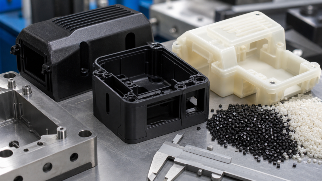 ABS injection molded housings with resin pellets steel mold insert and calipers