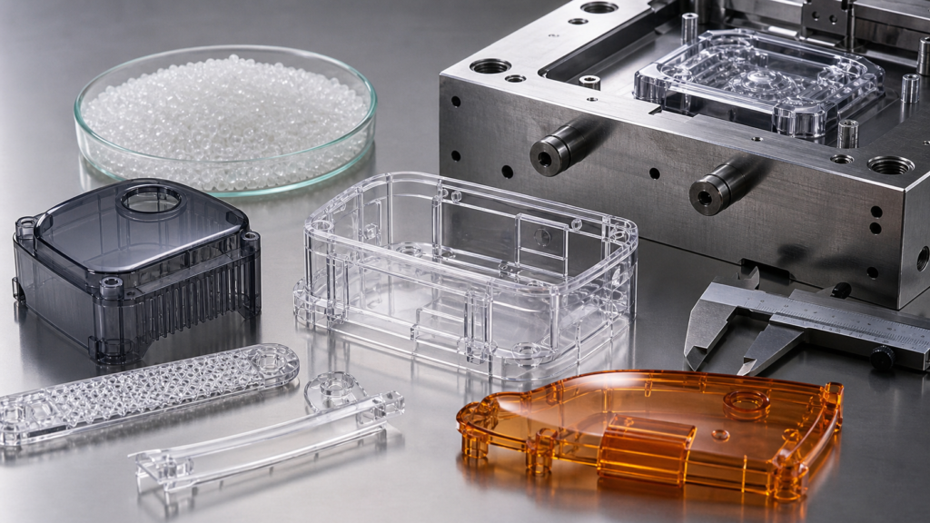 Transparent polycarbonate injection molded covers and PC pellets beside a steel mold insert