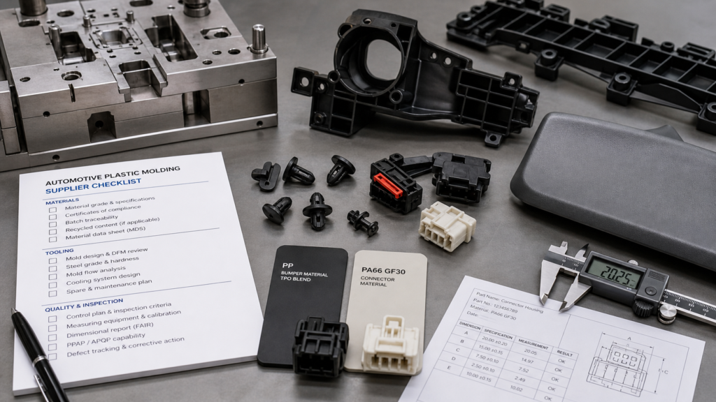 Automotive plastic molding parts with PP bumper sample PA66 GF30 connector material mold insert supplier checklist inspection report and calipers