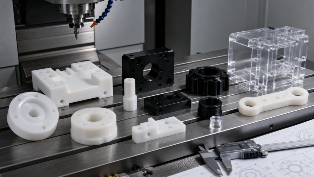 Custom machined plastic parts made from nylon POM PTFE and clear polycarbonate on a CNC milling table