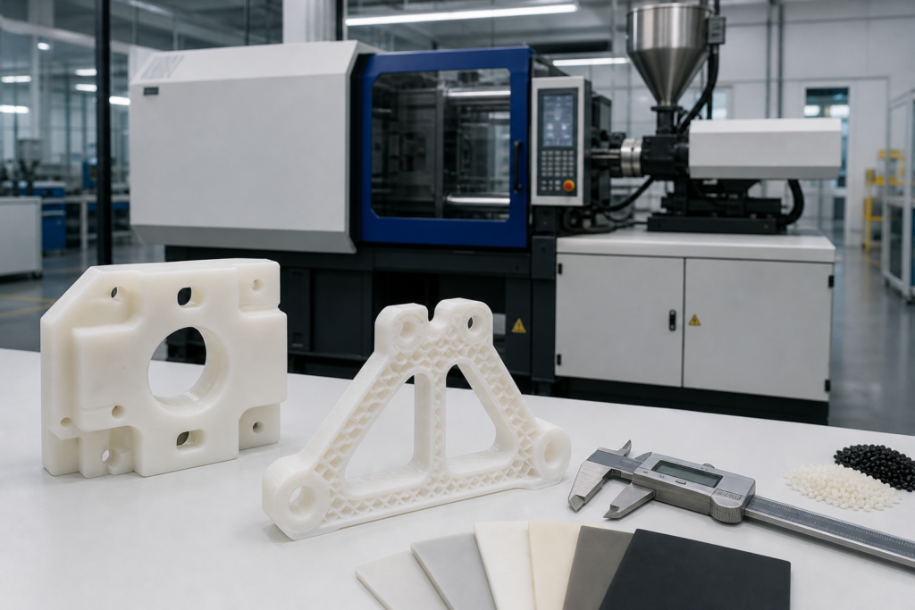 Auswahlszenario für Nylonformteile mit Spritzguss-, CNC-Bearbeitungs- und 3D-Druckteilen auf einer Arbeitsbank