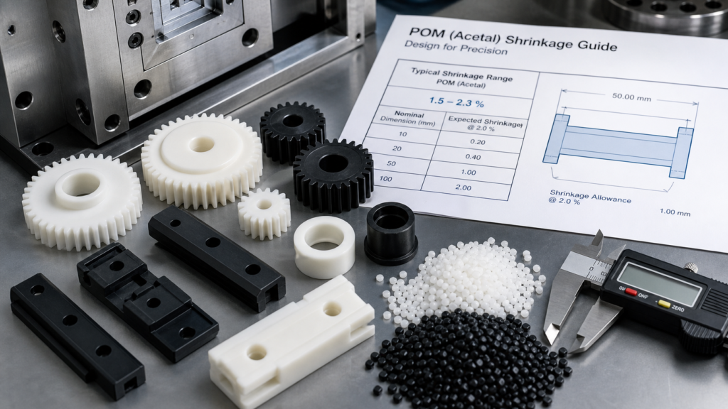 POM-Acetal-Spritzgusszahnräder, Buchsen, Gleitblöcke, Kunststoffgranulat, Formeinsätze, Schrumpftabelle und Messschieber