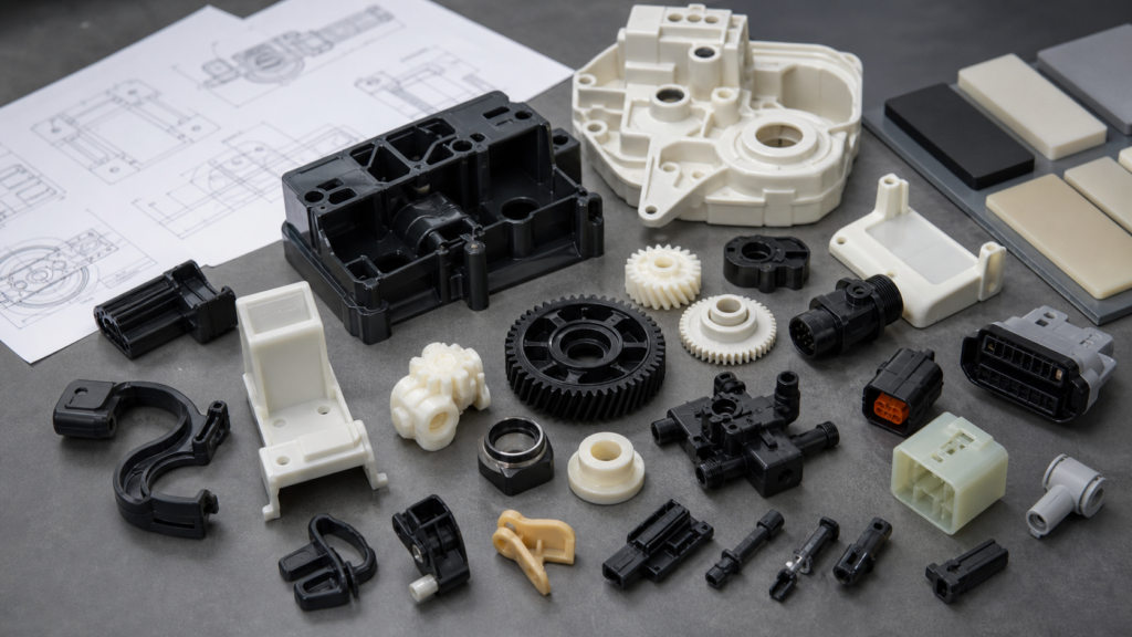 Custom plastic components including housings gears clips connectors brackets and bushings on CAD drawings