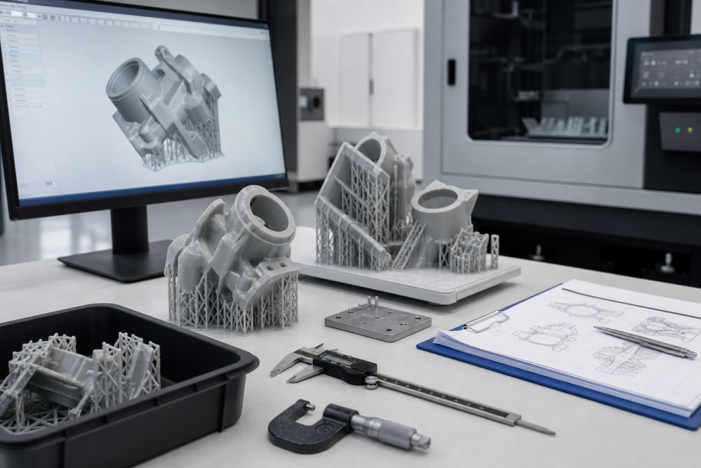 3D-Druckanlage mit Digital Light Synthesis-Technologie, fertiggestellten Kunststoffteilen und Werkzeugen zur technischen Überprüfung
