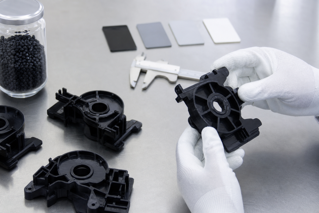 Szene aus dem Bereich der Elektronikformteile mit Kunststoff-Steckergehäusen, schaltungsnahen Bauteilen und Werkzeugen für die technische Überprüfung