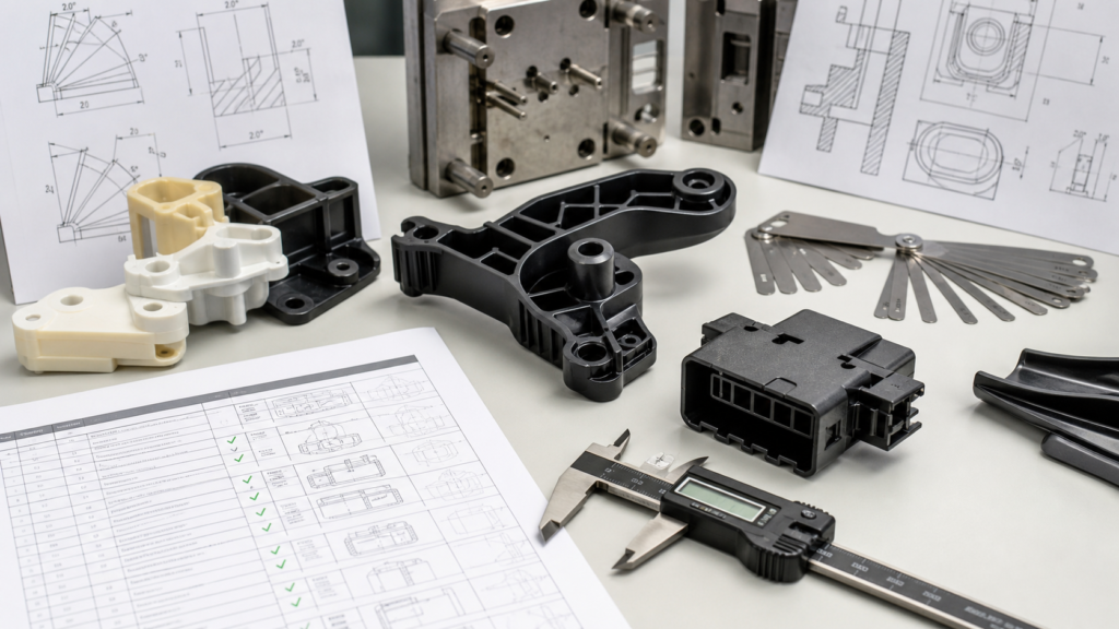 DFM-Checkliste für Kunststoffteile in der Automobilindustrie mit geformten Halterungen, CAD-Zeichnungen, Messschiebern, Versteifungsrippen und Vorsprüngen