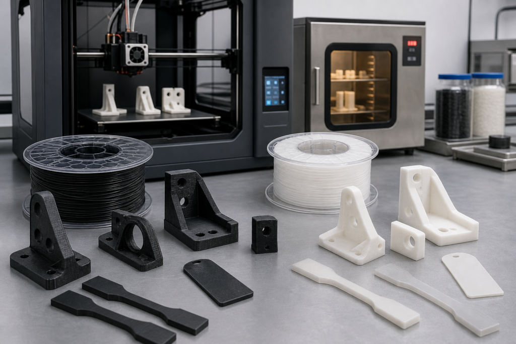 3D-gedruckte Teile aus PC-ABS und Polycarbonat mit geschlossenem Drucker, getrocknetem Filament und Testmustern