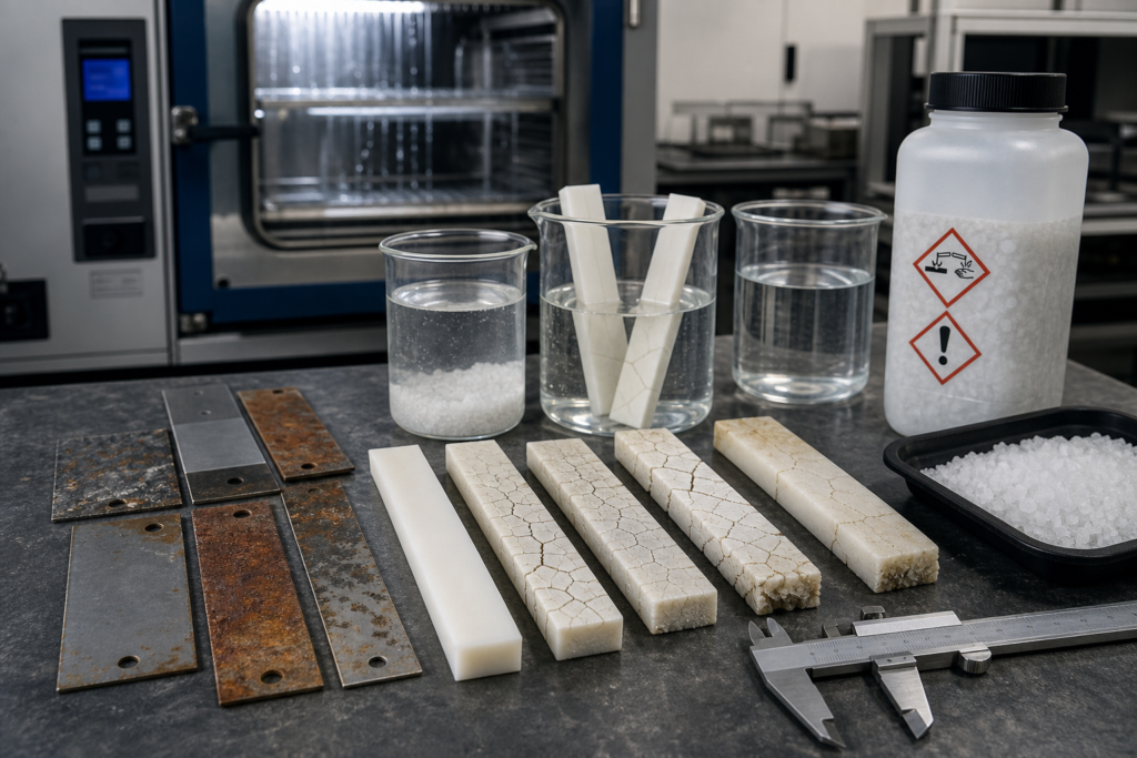 Prüfung der Beständigkeit von Kunststoffproben, Salzlösungsgefäßen und Laborgeräten gegenüber Nylon-Zinkchlorid und Streusalz