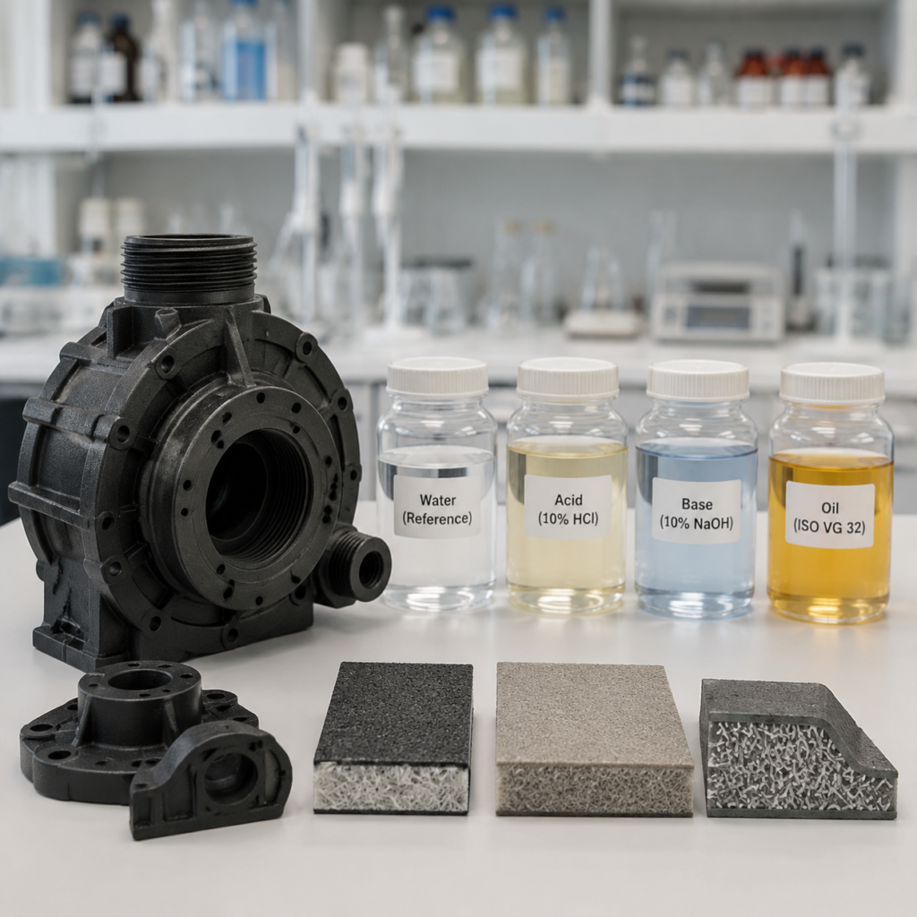 Glass-filled nylon parts and reinforced material texture samples in a chemical resistance test scene