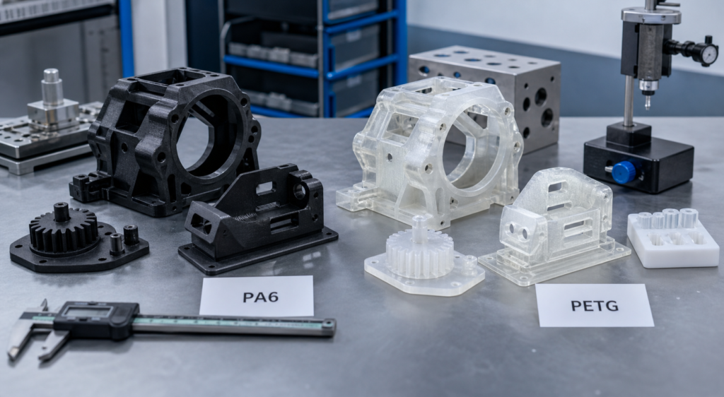 Vergleich zwischen PA6 und PETG bei funktionalen Druckteilen auf einer technischen Workstation