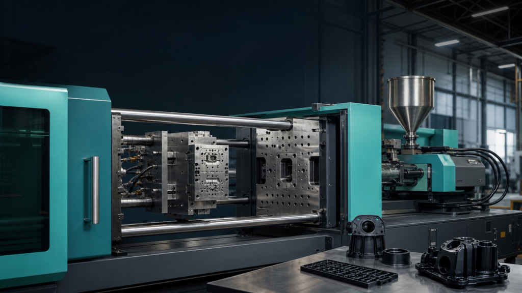 Plastic injection molding machine with an open precision mold