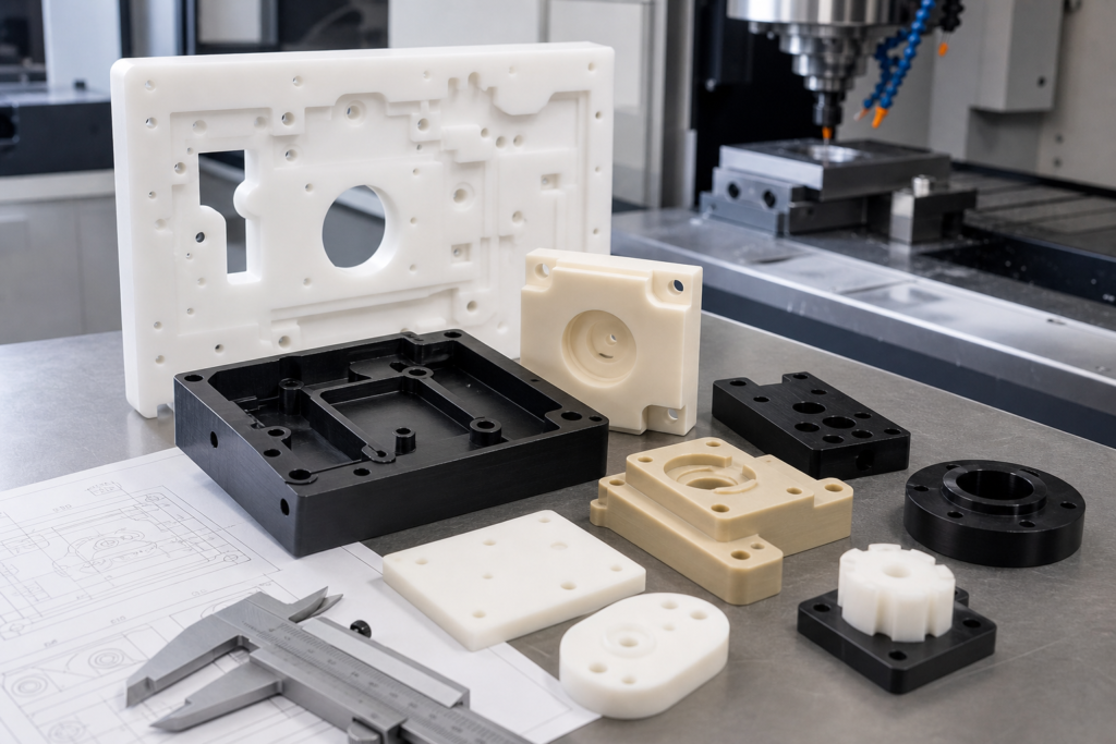 Übersicht über CNC-Fräsdienstleistungen für Kunststoffe mit gefrästen Polymerbauteilen und Werkzeugen zur Überprüfung der Bearbeitung