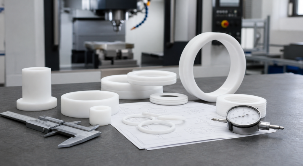 Diskussion über PTFE-CNC-Bearbeitungsdienstleistungen mit weißen Fluorpolymer-Bauteilen und technischen Hinweisen