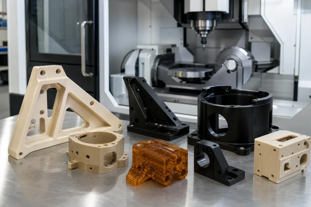 Aerospace plastic machining with precision PEEK, PEI and engineering plastic brackets beside a five-axis CNC machine